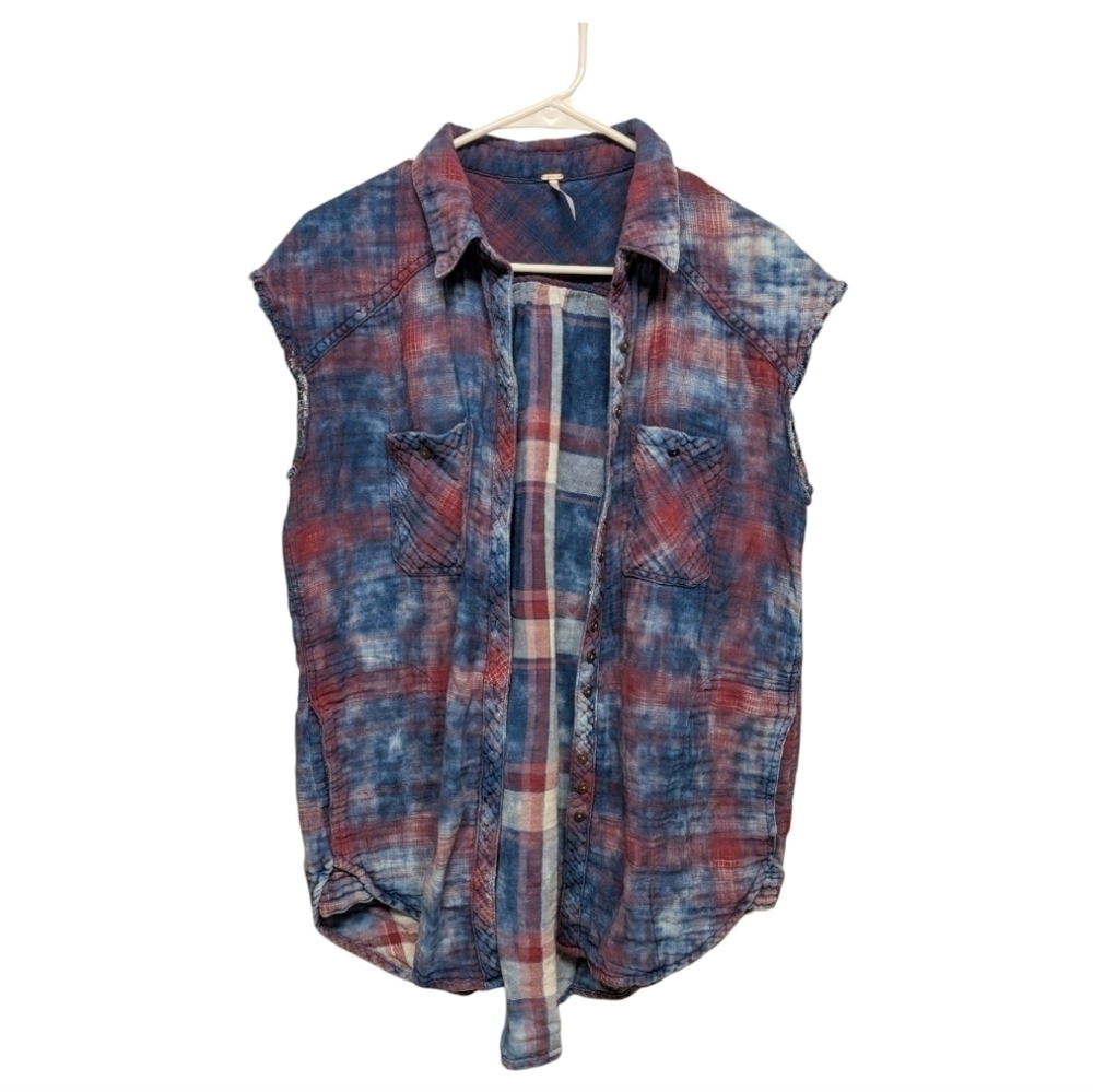 Free People Dip Die Plaid Sleeveless Button Down Shirt *4th of July Medium